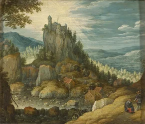 城のある山の風景、1616年